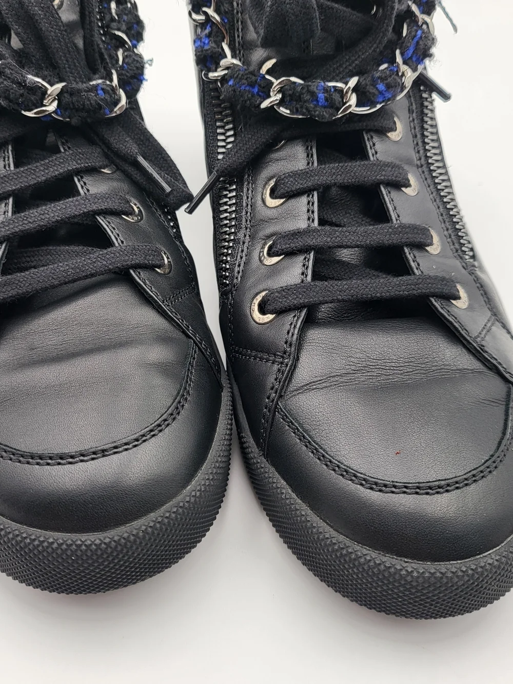CHANEL LAMBSKIN LEATHER TWEED ZIPPED HI-TOP SNEAKERS 6.5. Authentic.